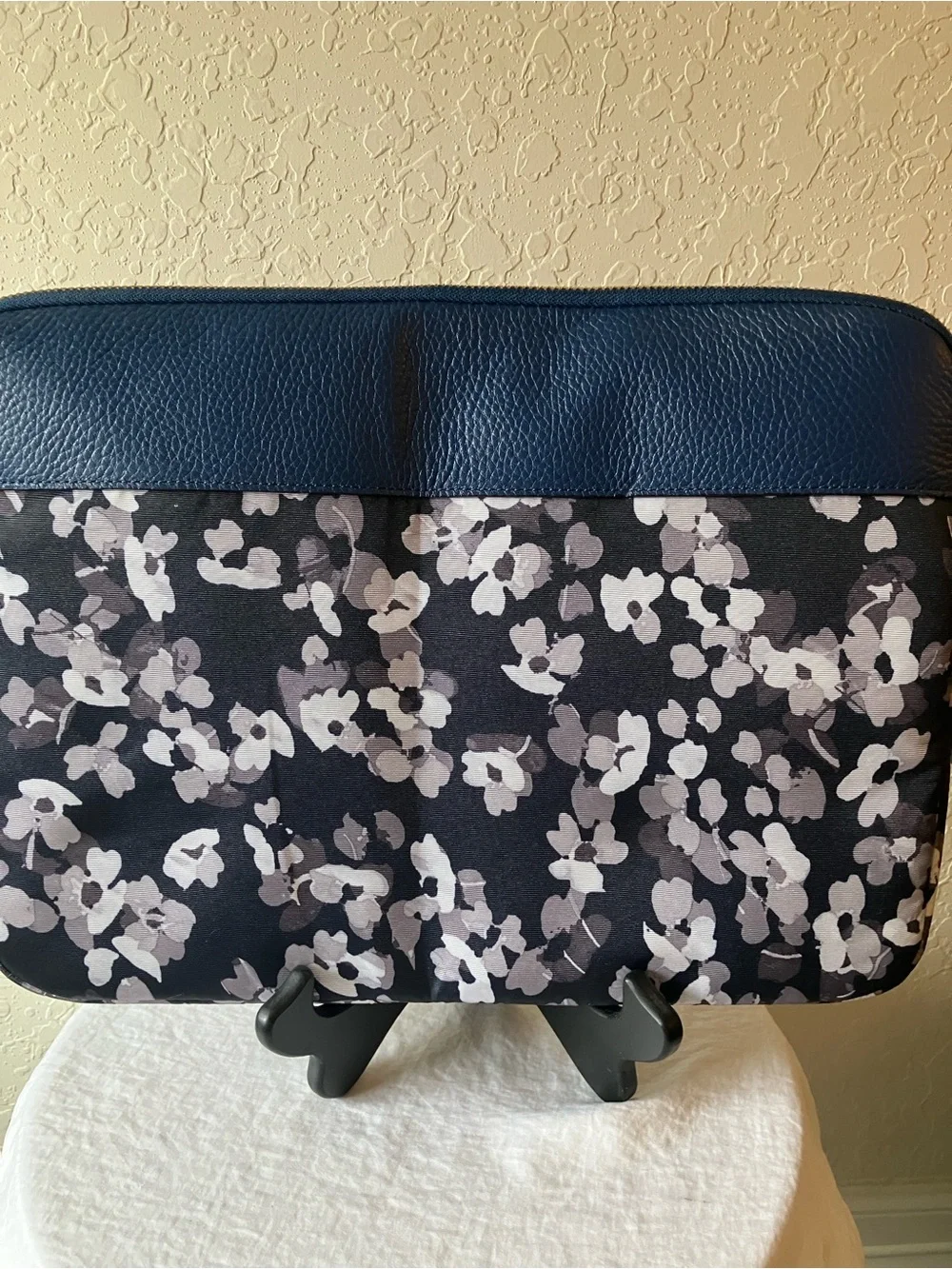 Kate Spade: Blue Leather Floral Laptop Sleeve- Padded- Gold Tone